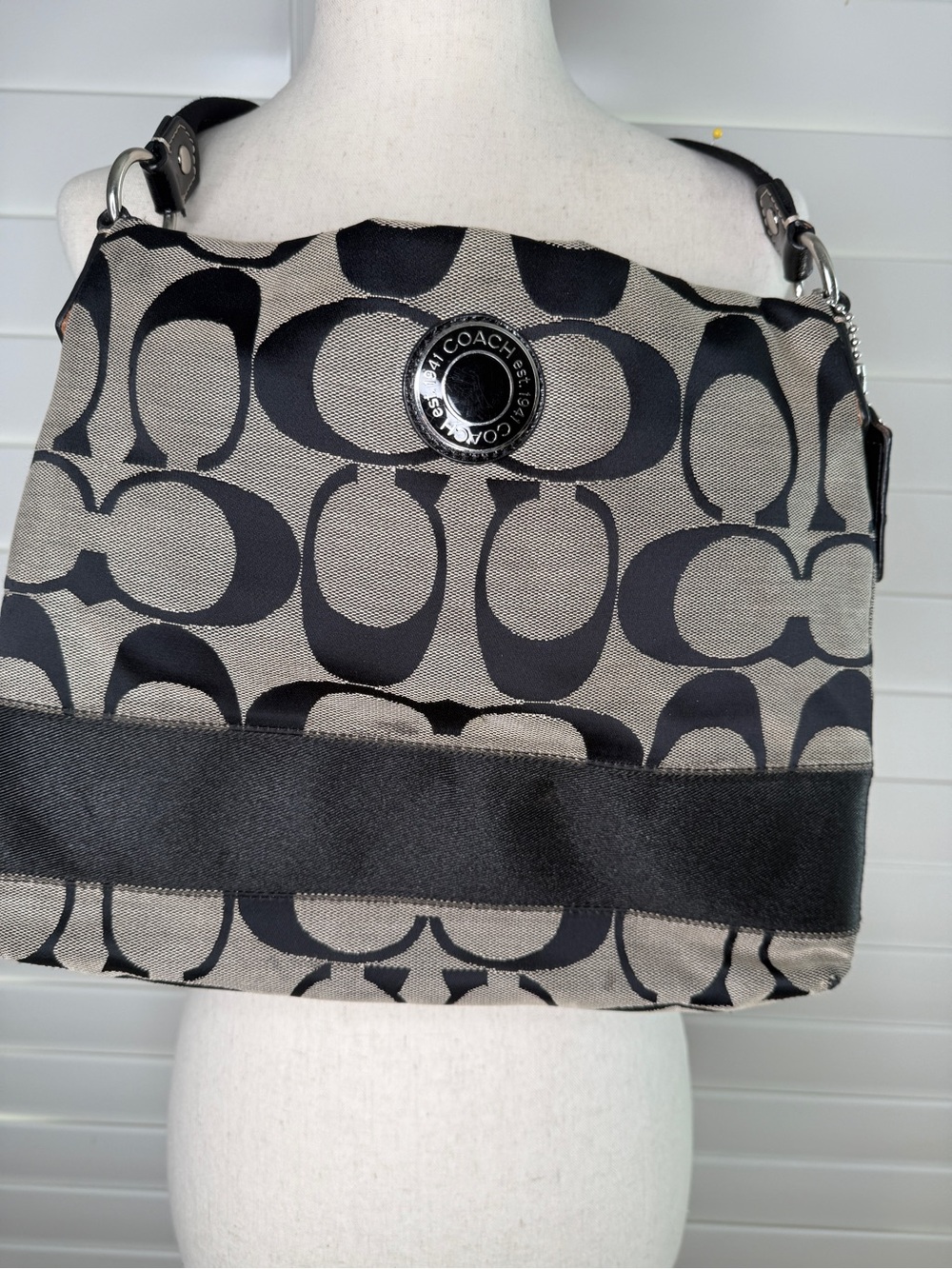 Coach Black and Gray Signature Jacquard Shoulder Bag